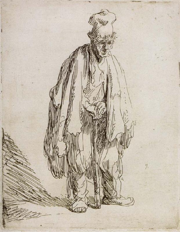 REMBRANDT Harmenszoon van Rijn Beggar in a high cap,Standing and Leaning on a stick oil painting image